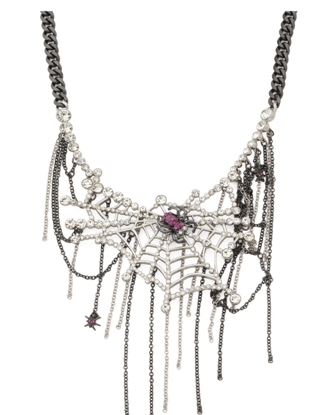 Betsey Johnson Black and Silver Spiderweb Statement Necklace with Pink Accent